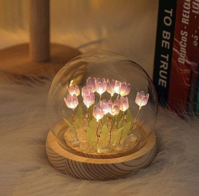 DIY LED Tulip Flowers Night Light with Glass Cloche