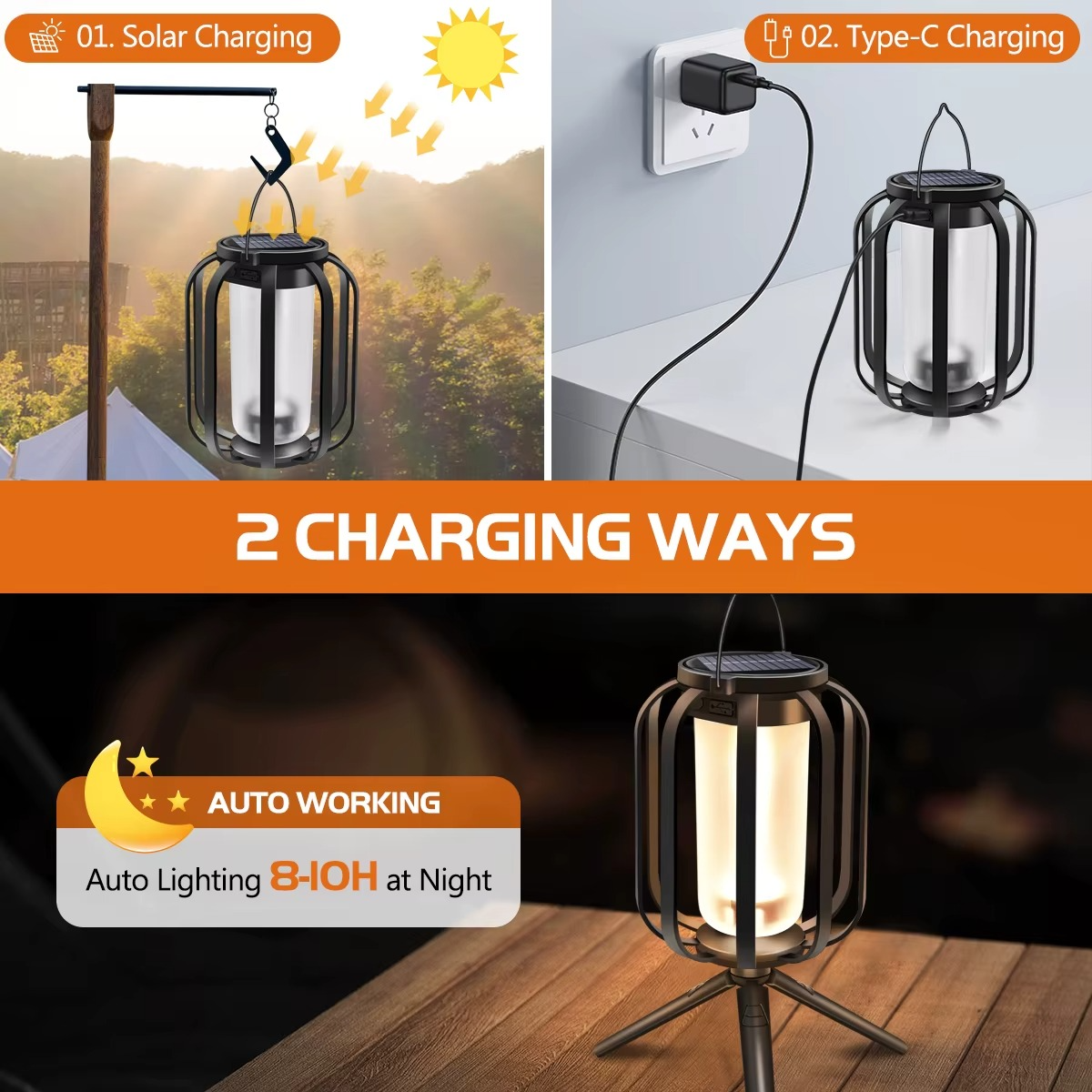 Solar and USB Rechargeable LED Lantern with Flame Effect