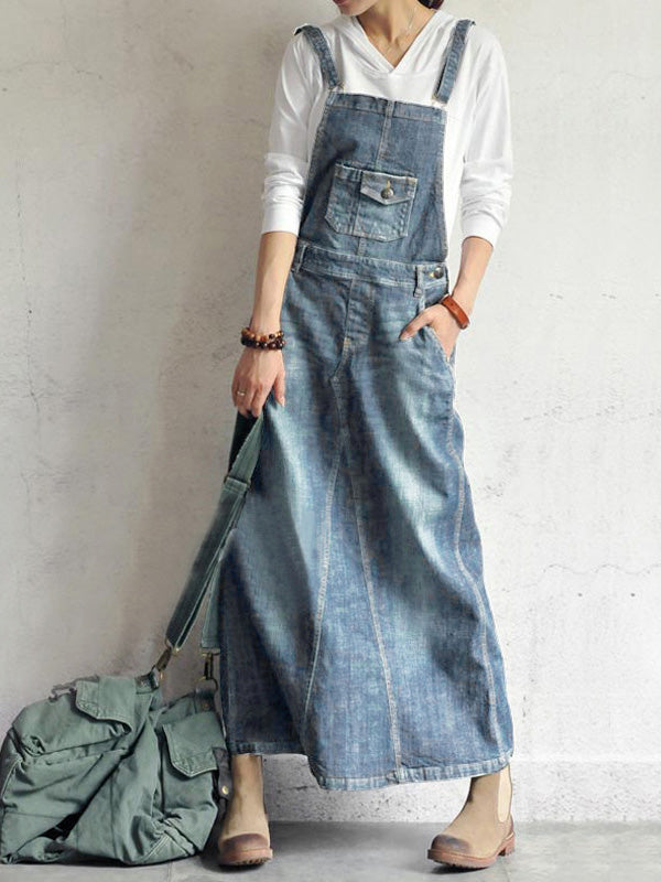 Vintage-Inspired Denim Overall Dress with Back Slit