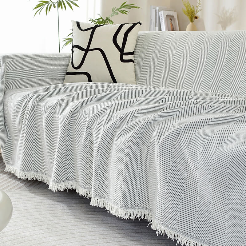 Chenille Herringbone Sofa Cover with Tassels