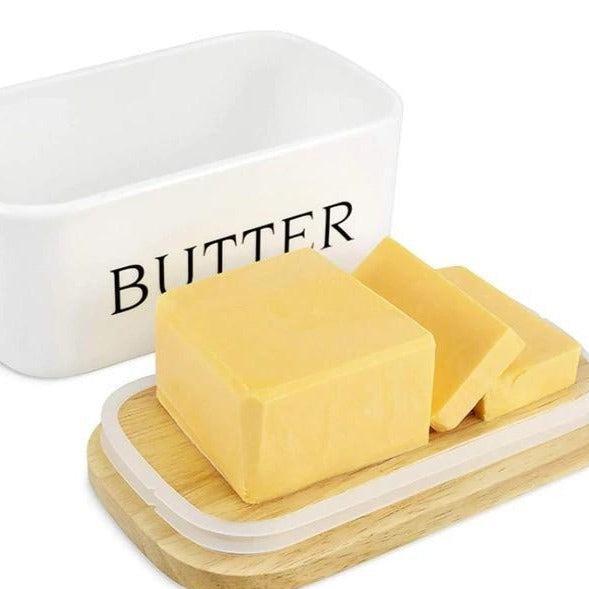 Porcelain Vintage Butter Dish with Airtight Wood Lid and Knife