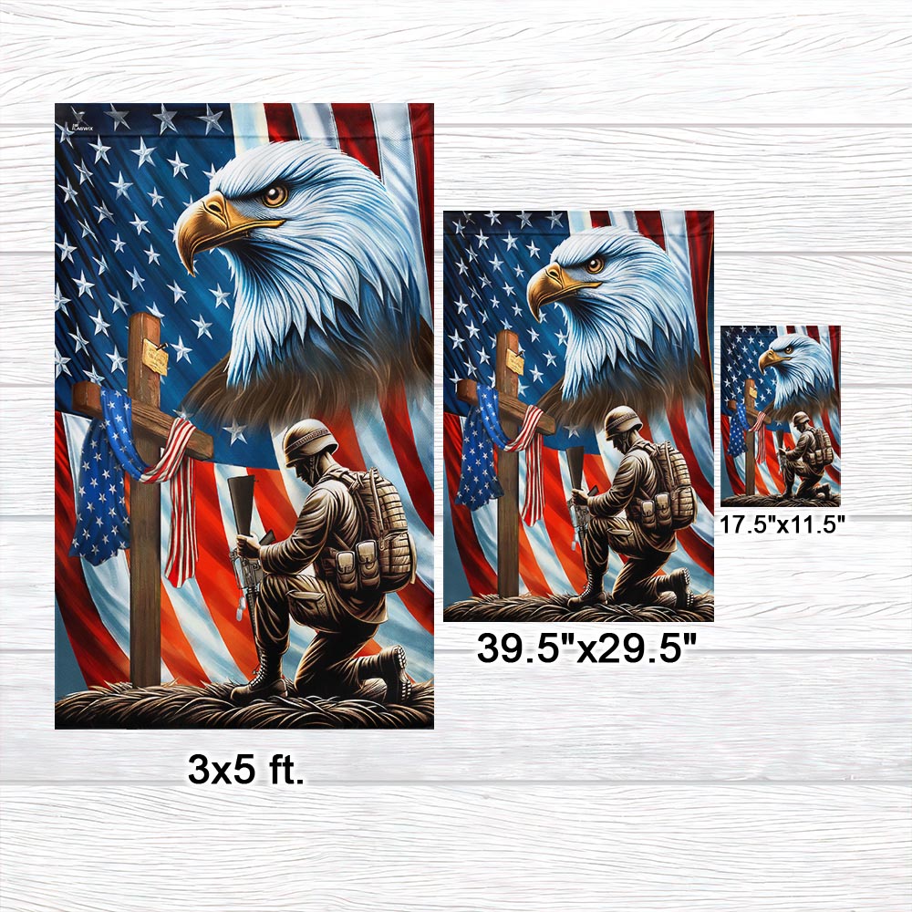 Patriotic Eagle Kneeling Soldier American Flag - Double-Sided Canvas, Memorial Day Decor