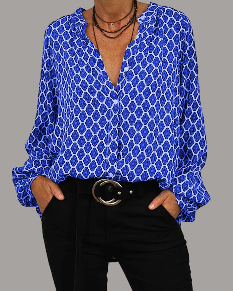V-Neck Geometric Pattern Blouse with Long Sleeves