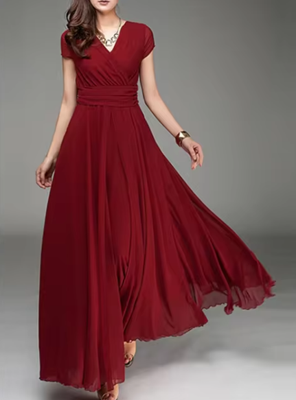 Bohemian Long Evening Dress with V-Neckline