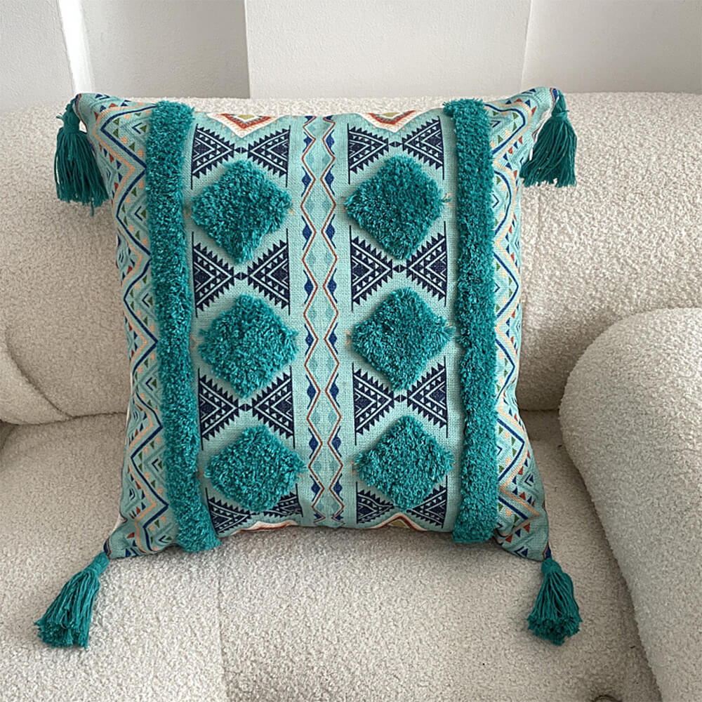 Moroccan Decorative Throw Pillow with Tassels and Tufted Texture