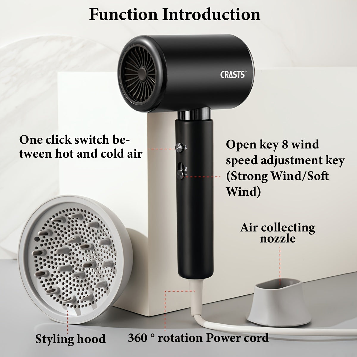 Corded 2000W Hair Dryer with Concentrator Nozzle for Fast Drying and Gentle Styling