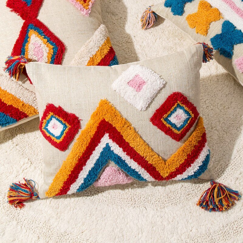 Handcrafted Moroccan Boho Pillow Cover with Wool Tassels