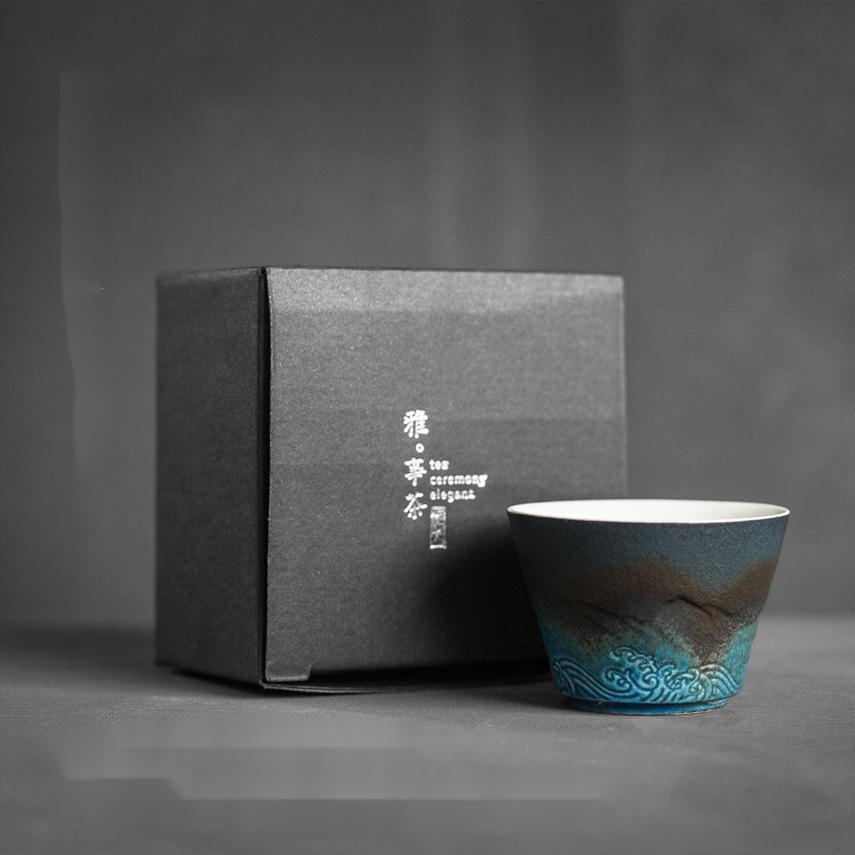 Large Ceramic Tea Cup with Lid - Hand-Painted Mountain Design