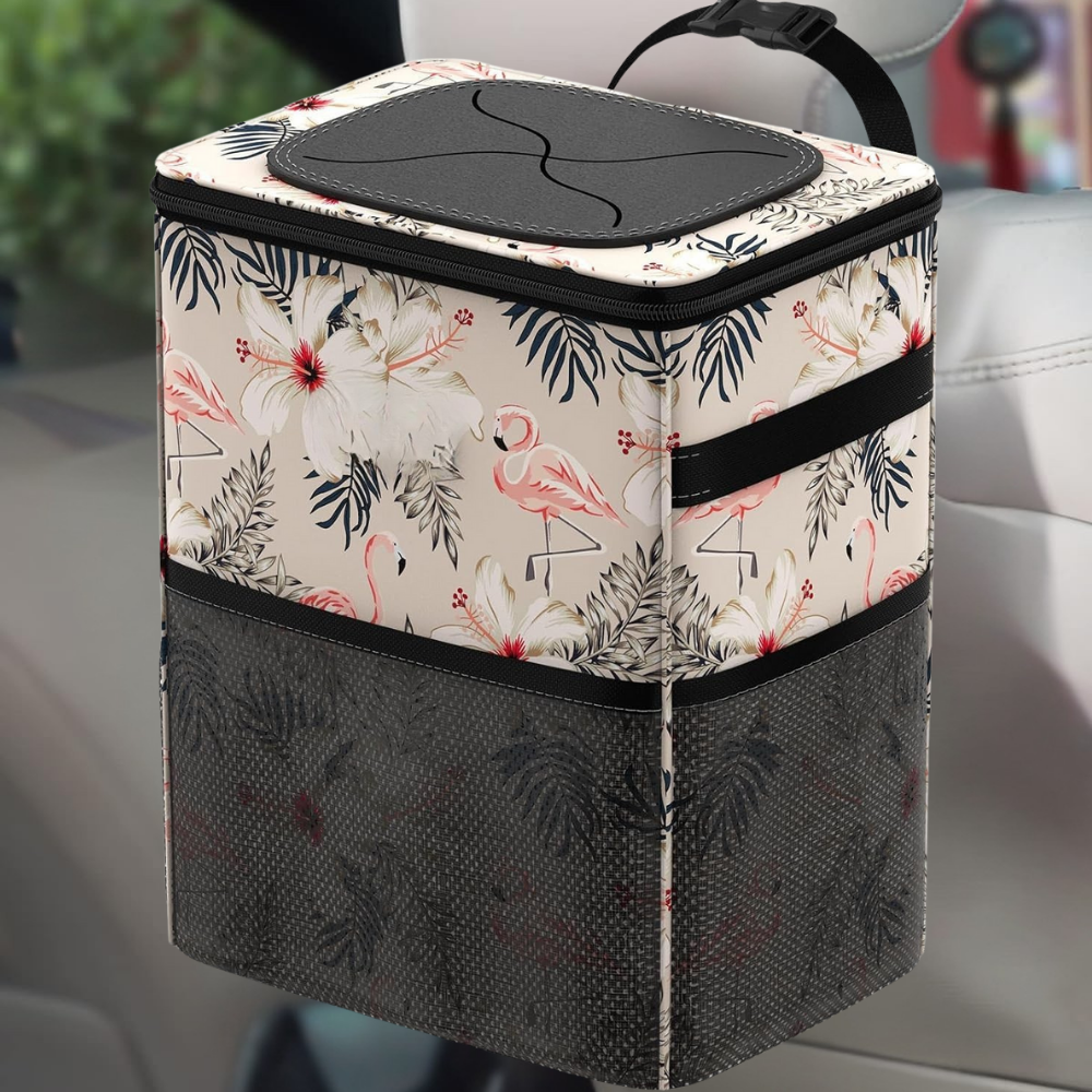 Leakproof Fabric Car Trash Can and Organizer with Adjustable Strap