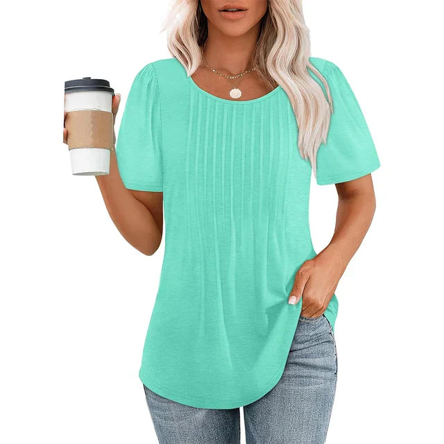 Women's Pleated Round Neck Summer T-Shirt