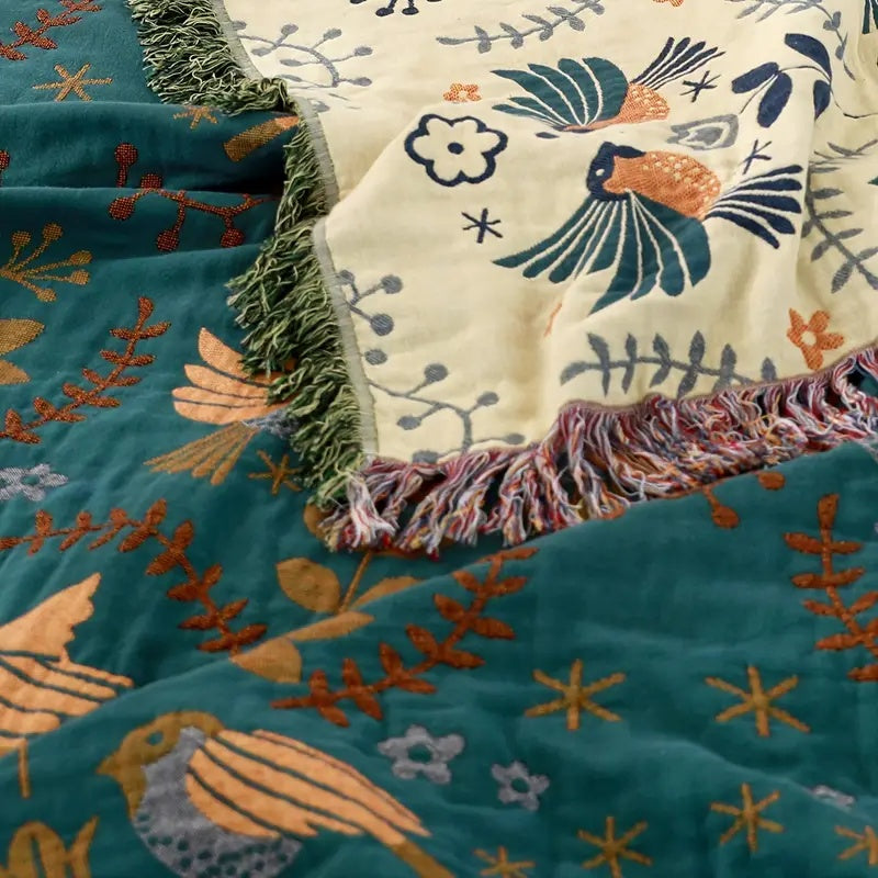 Reversible Cotton Scandinavian Bird Throw Blanket