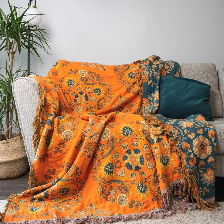 Reversible Cotton Throw Blanket with Floral Pattern