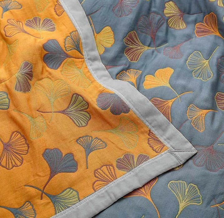Reversible Ginkgo Leaf Throw Blanket in Yellow and Blue