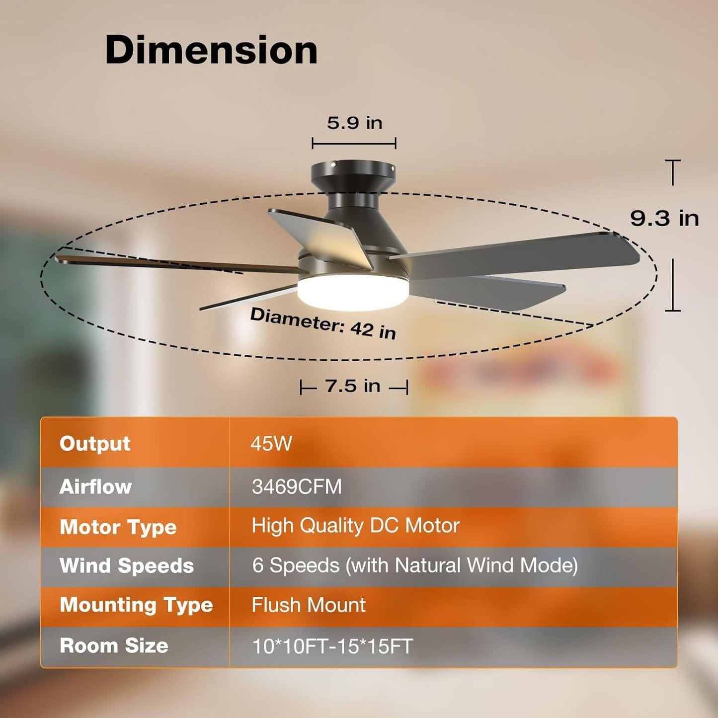Low Profile 42 Inch Ceiling Fan with Dimmable Light and Remote Control