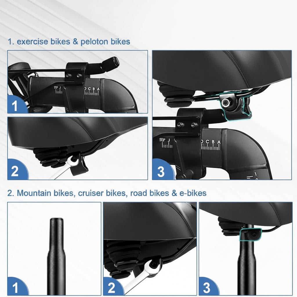 Noseless Wide Bike Seat Cushion with Memory Foam and Gel, Extra Padded Saddle for Peloton and Cruiser Bikes