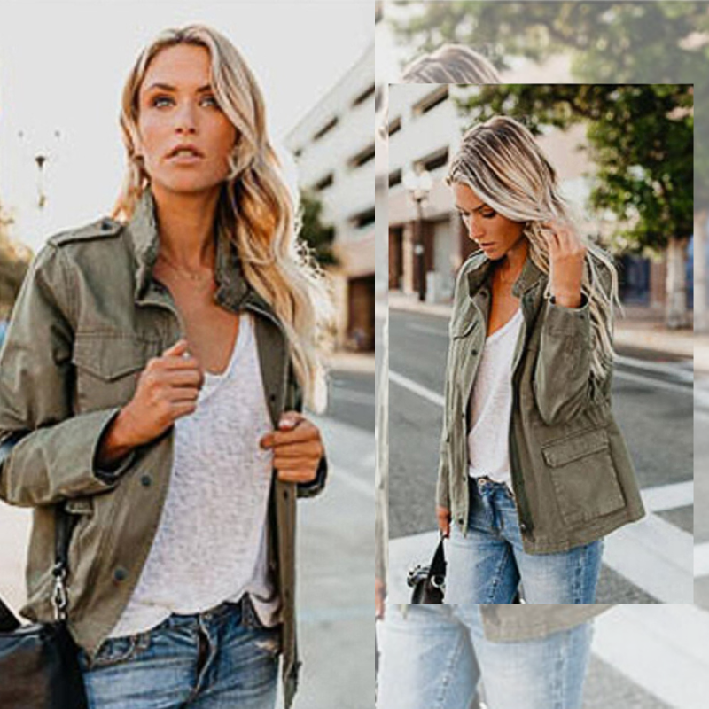 Mid-Length Zipper Jacket with Pockets and Round Neckline