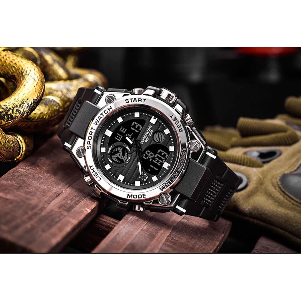 Multifunction Military Style Watch with Analog and Digital Display