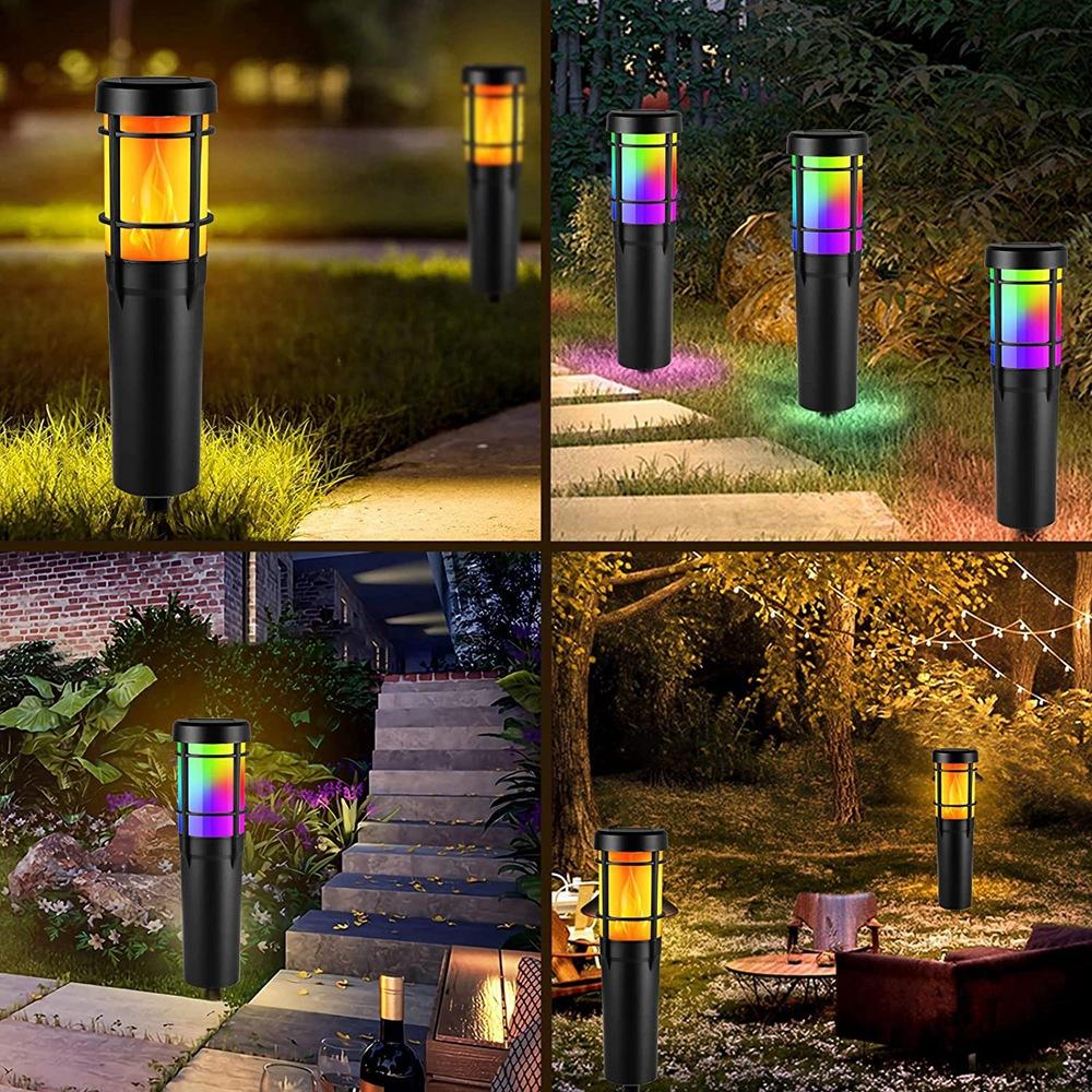 Solar Path Lights with Flickering Flame and RGB Color Changing, Waterproof LED Outdoor Lights for Garden and Yard
