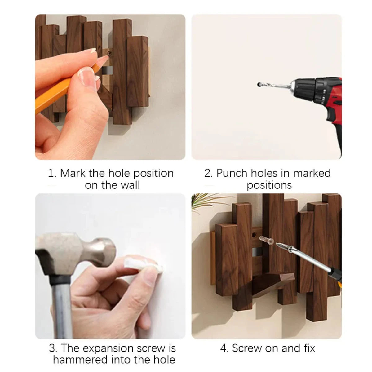 Piano Wood Wall Coat Rack in Walnut or Beech