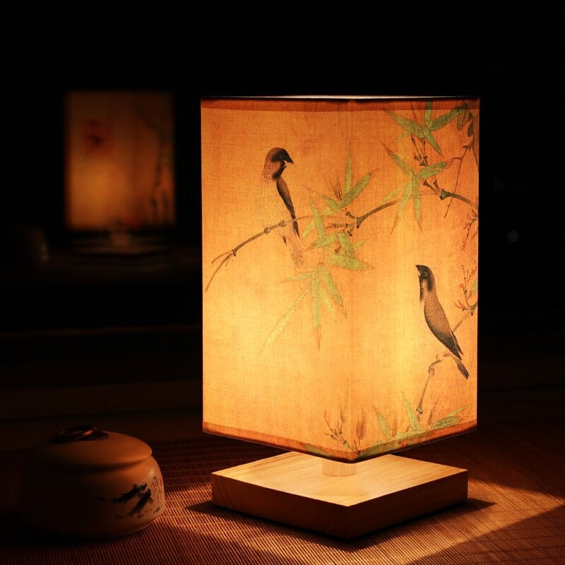 Japanese Scandinavian Bedside Lamp with Fabric Shade and Wooden Base