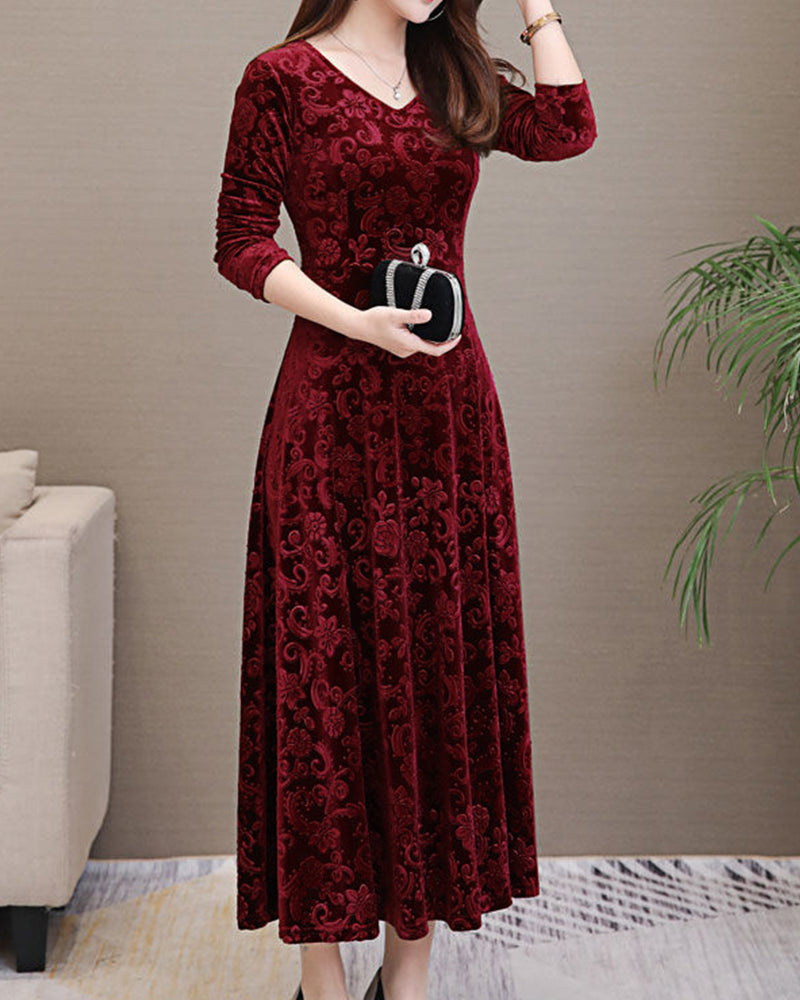 A-line Midi Dress with V-neckline and Long Sleeves