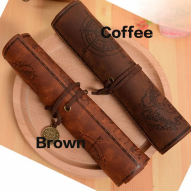 Vintage Leather Pencil Case with Treasure Map Design