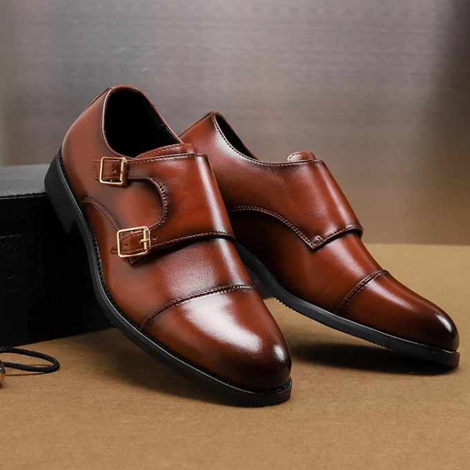 Men's Double Monk Strap Cap-Toe Shoes in Black or Brown