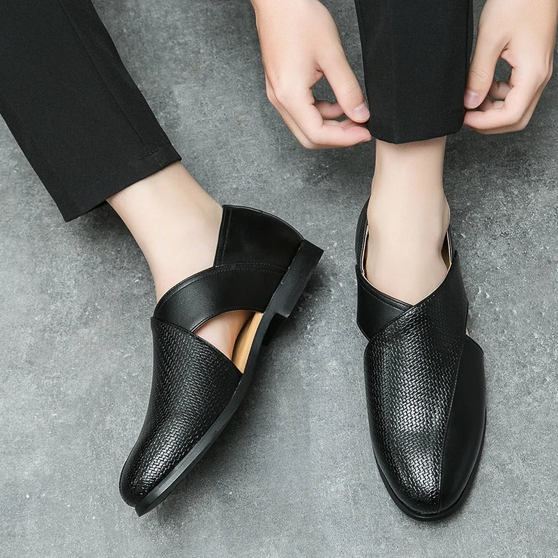 Men's Woven Cross-Strap Loafers in Premium Full-Grain Leather