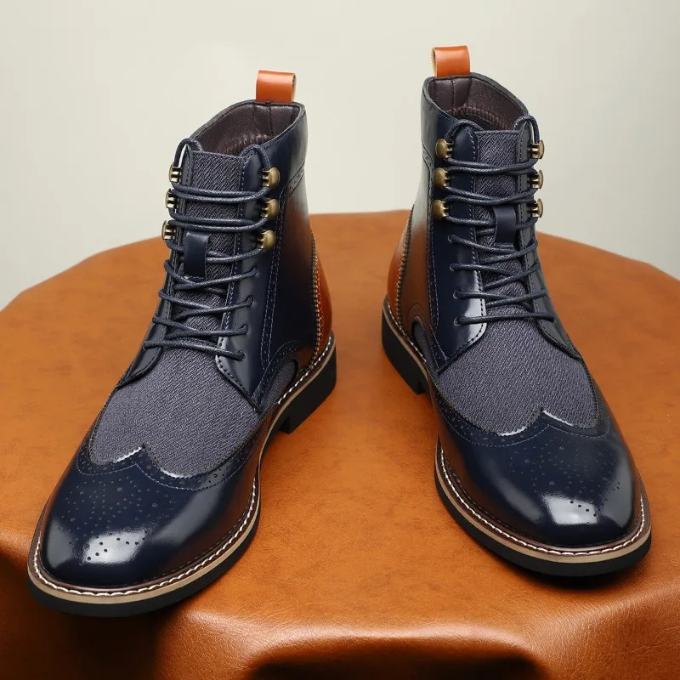 Men's Two-Tone Brogue Dress Boots with Wingtip Detailing