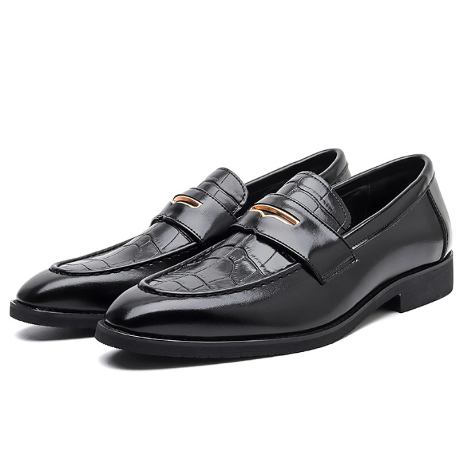 Croc-Embossed Genuine Leather Loafers with Gold Accent