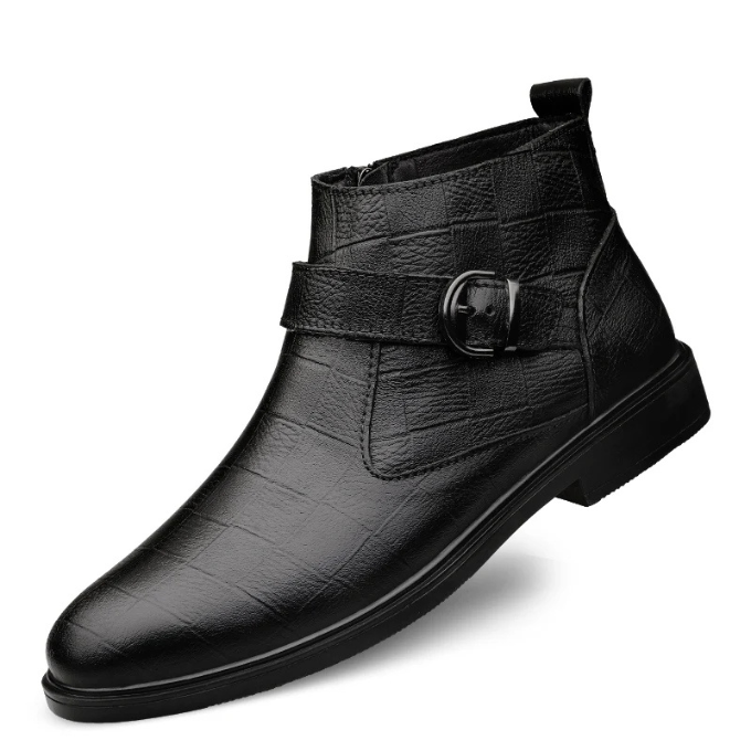Men's Luxury Full-Grain Ankle Boots with Zipper and Adjustable Buckle