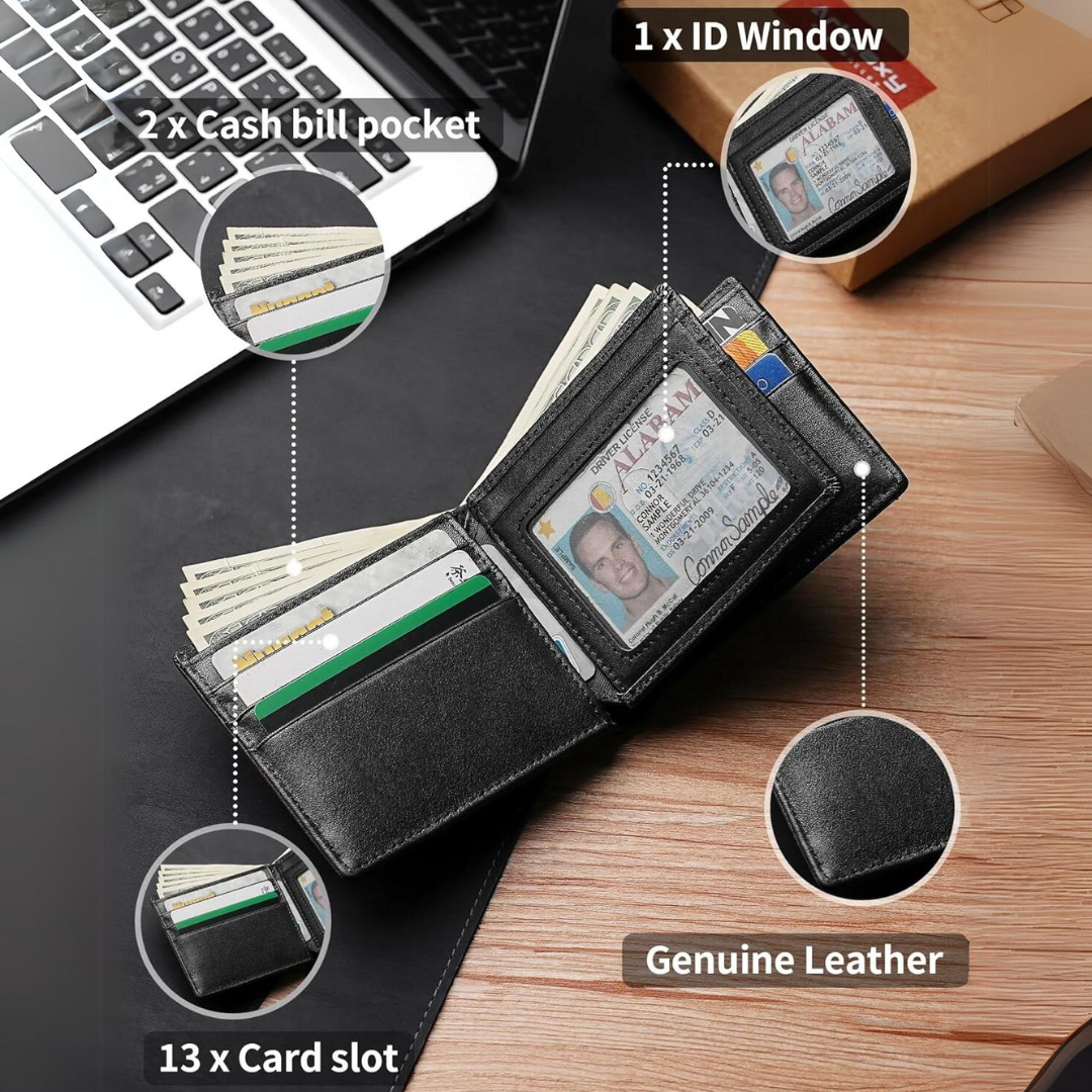 Men's Slim Bifold Genuine Leather RFID Wallet with 13 Card Slots