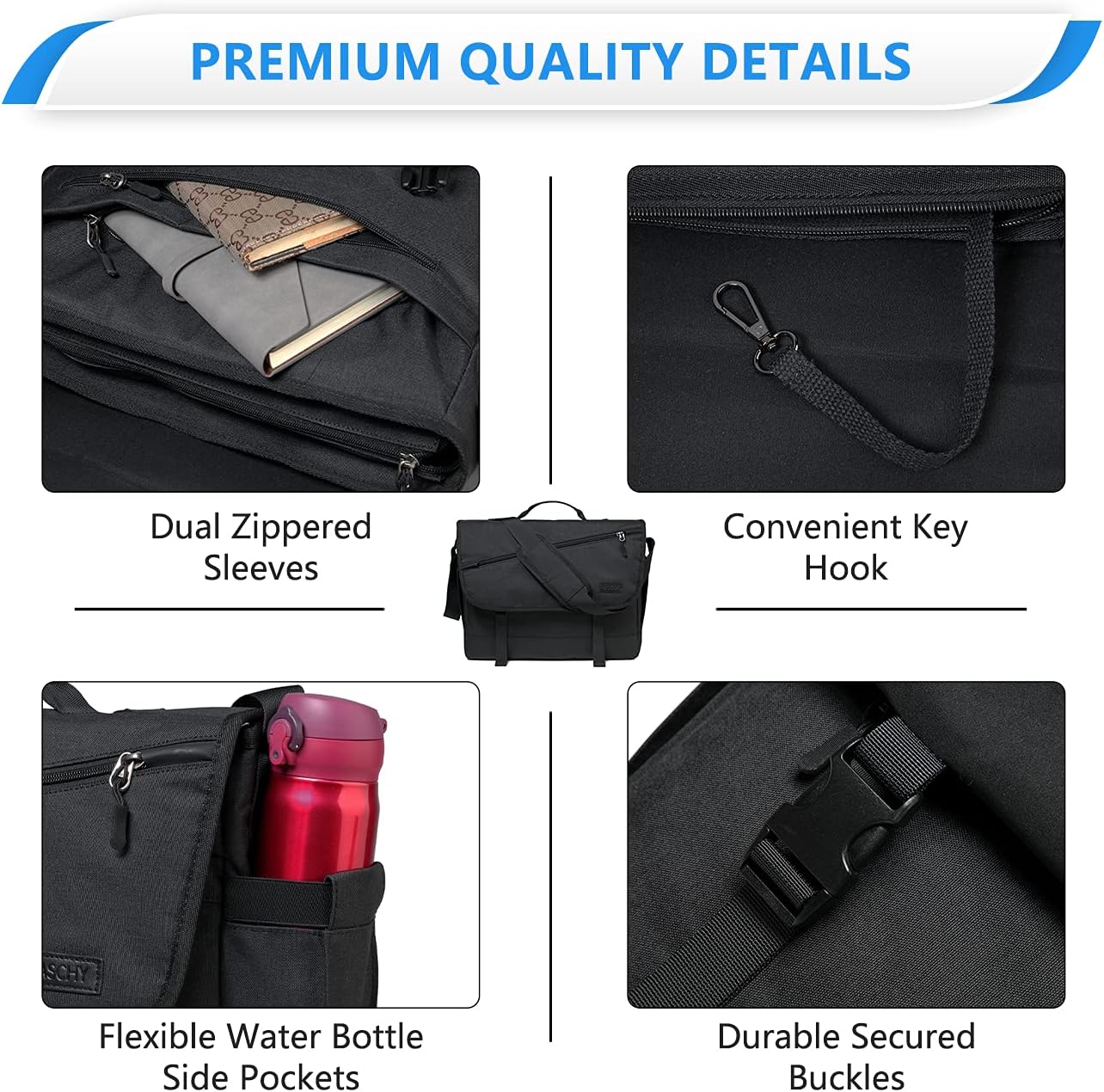 Water-Resistant Messenger Bag for 17-Inch Laptops with Adjustable Strap