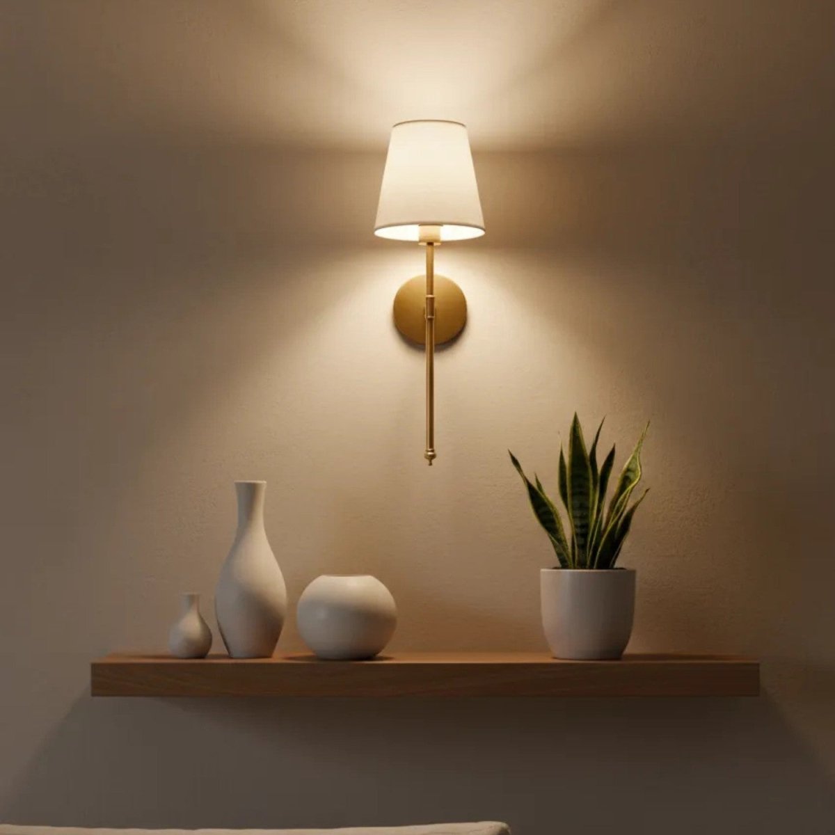 Brass Wall Sconce Set with White Fabric Shades