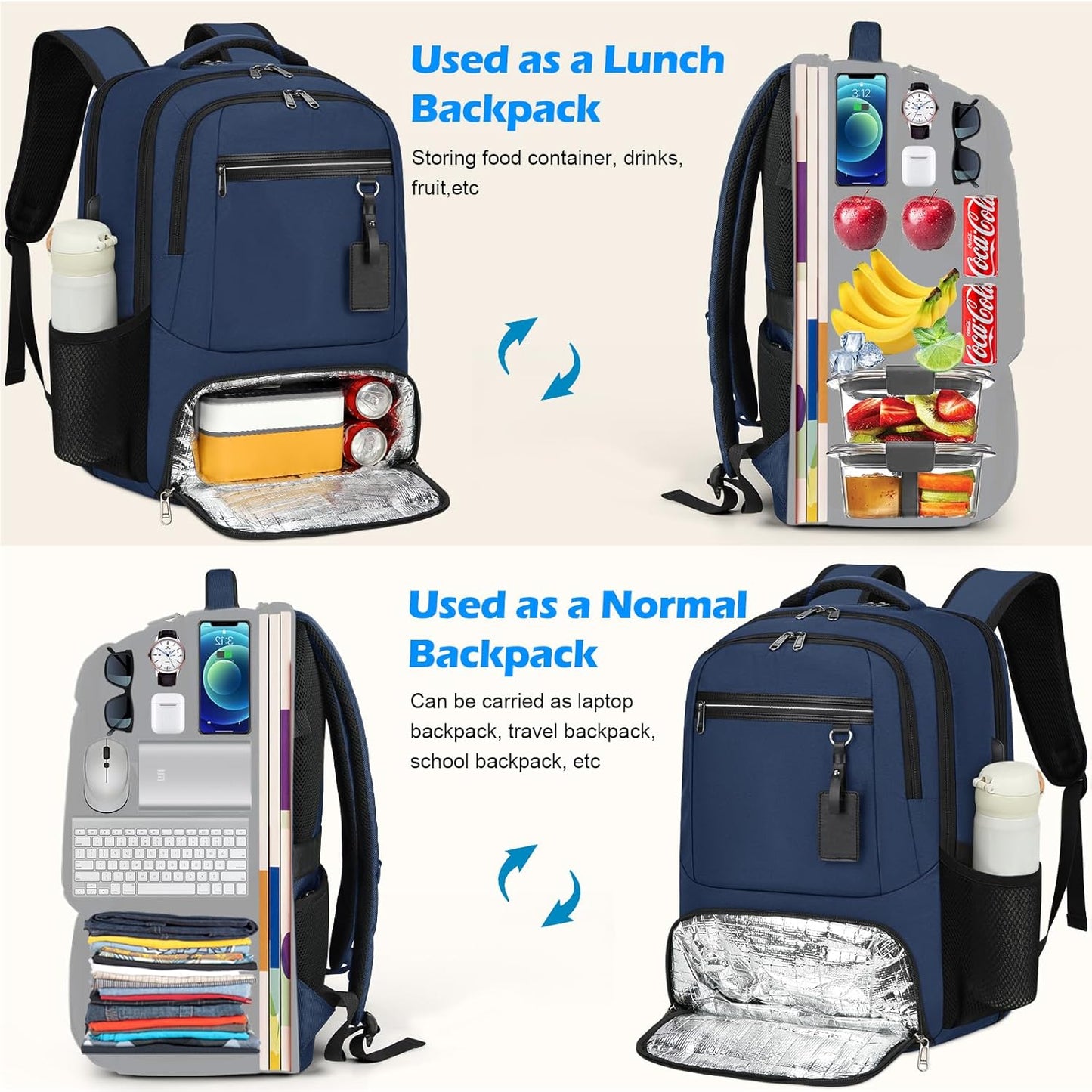 Waterproof Laptop Backpack with Insulated Lunch Compartment and USB Port