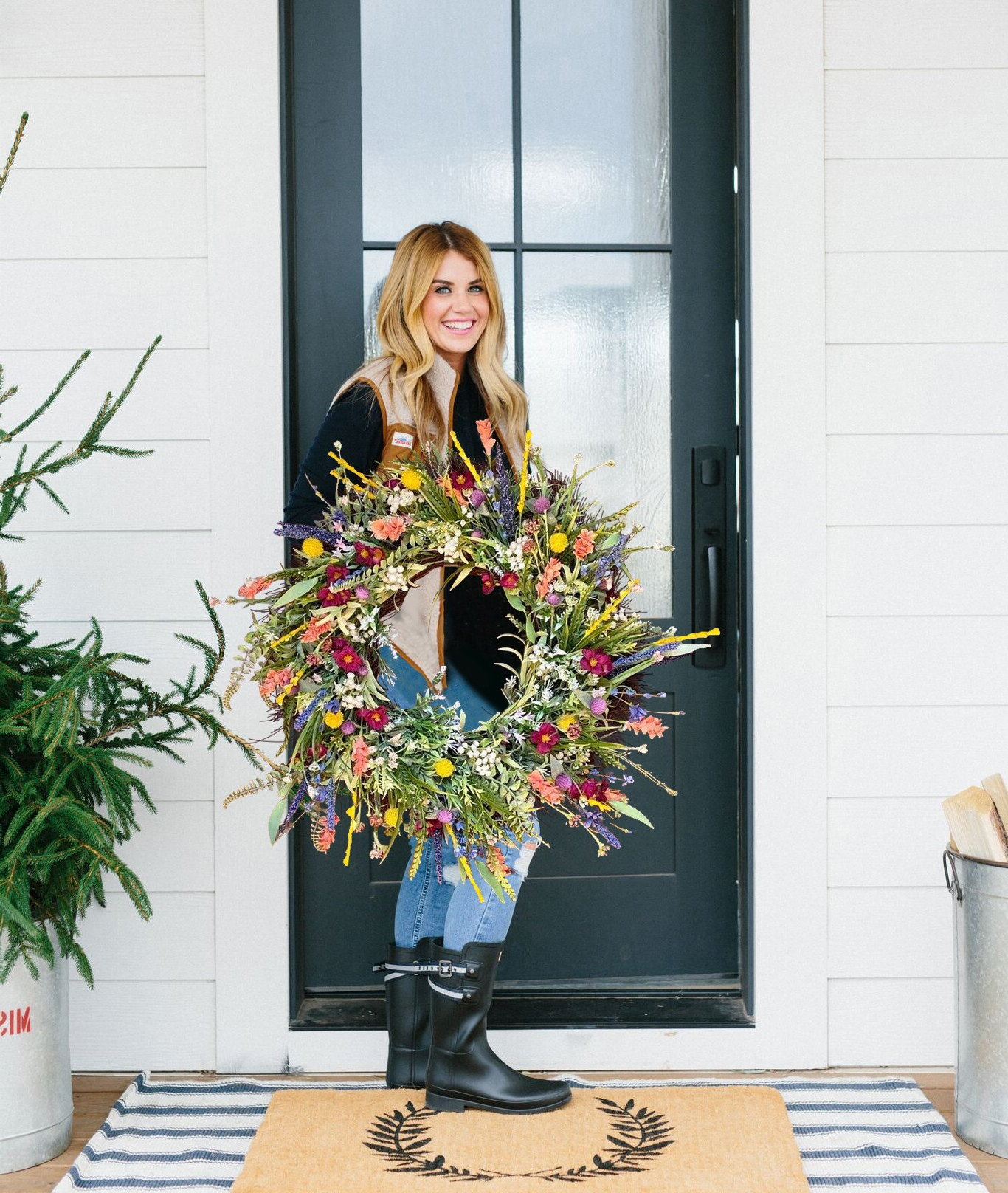 16-Inch Spring Wreath with Silk Flowers and Eucalyptus Decor
