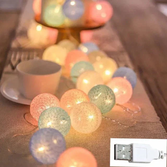 Pastel Cotton Ball Fairy Lights USB String Lights