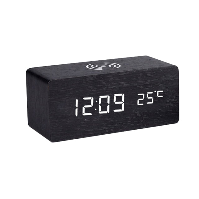 Modern Wooden Wireless Charging Alarm Clock with LED Display