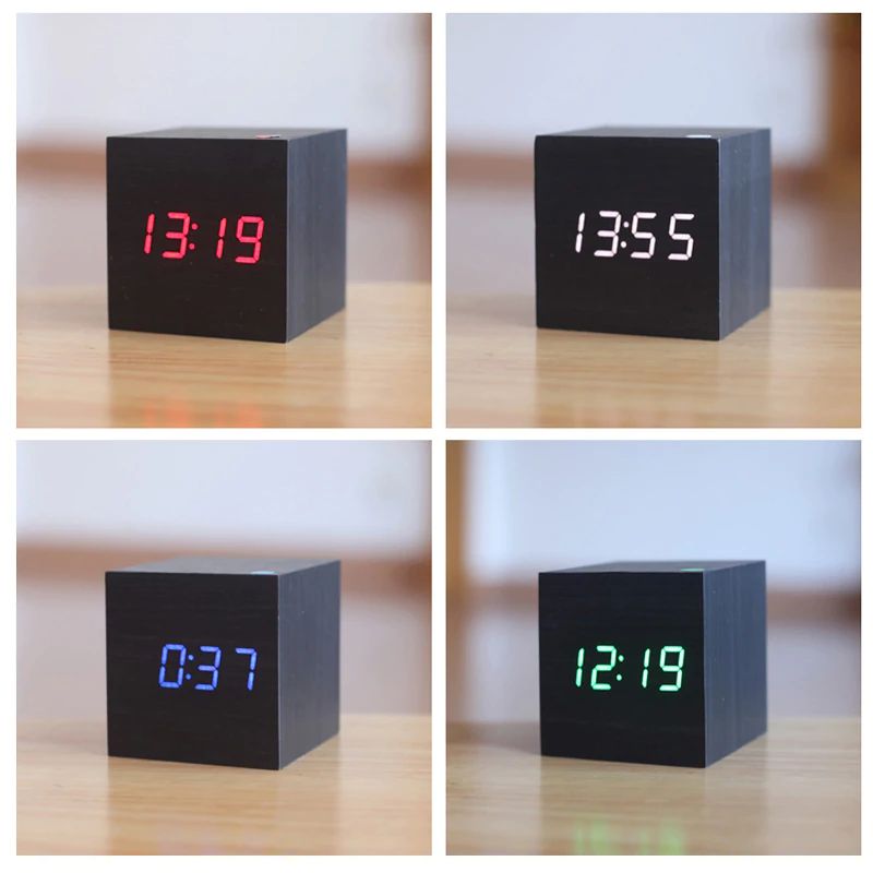 Modern Cube Digital Desk Clock in Bamboo and Wood