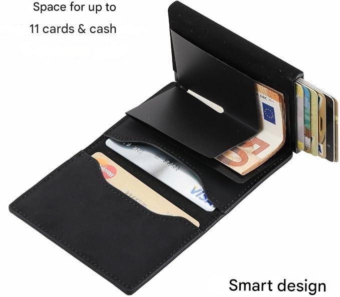 RFID-Blocking Slim Leather Wallet with Card Slide Mechanism