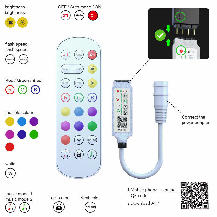 RGB LED Light Strip with Music Sync and Bluetooth Control, 100ft/50ft