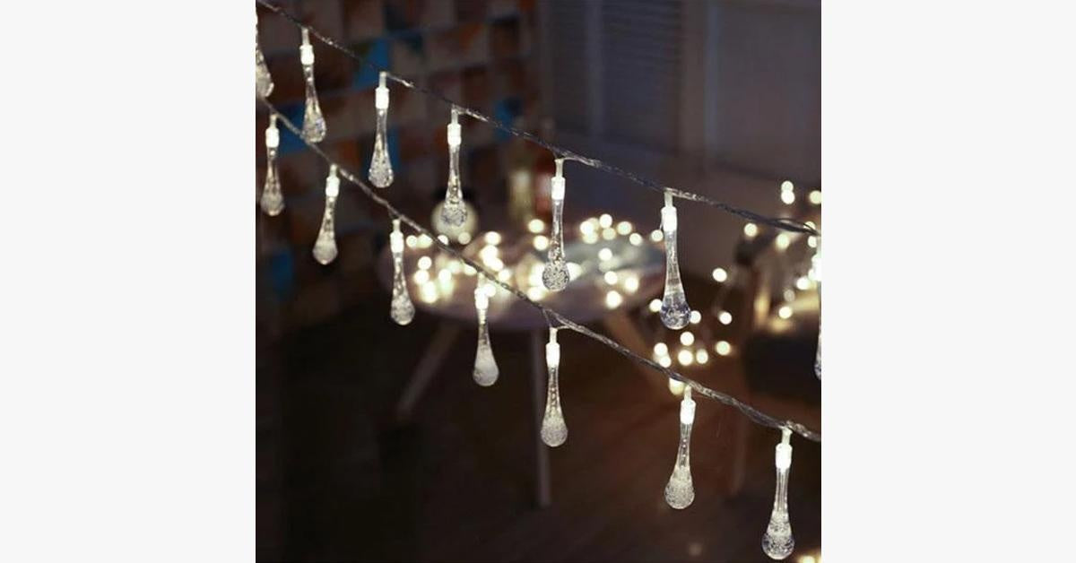 Solar-Powered Waterproof Raindrop String Lights - 30 LEDs, 19.6 ft