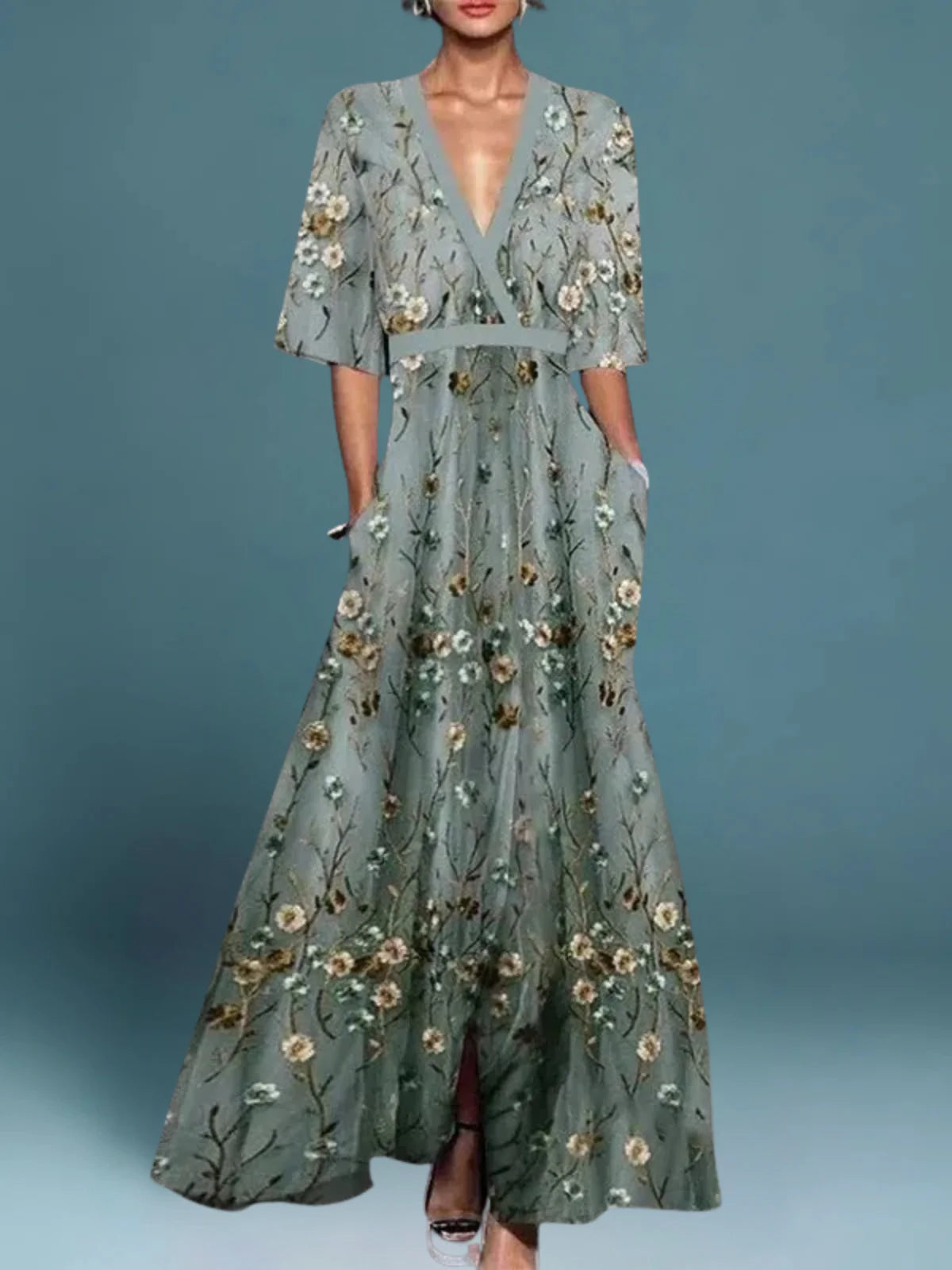 Green Maxi Dress with Half Sleeves for Summer Elegance