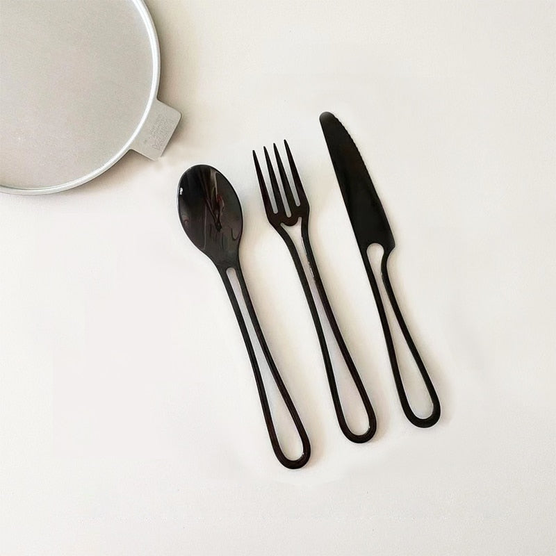 Stainless Steel Outline Cutlery Set - 3-Piece Fork, Knife, Spoon in Silver or Black