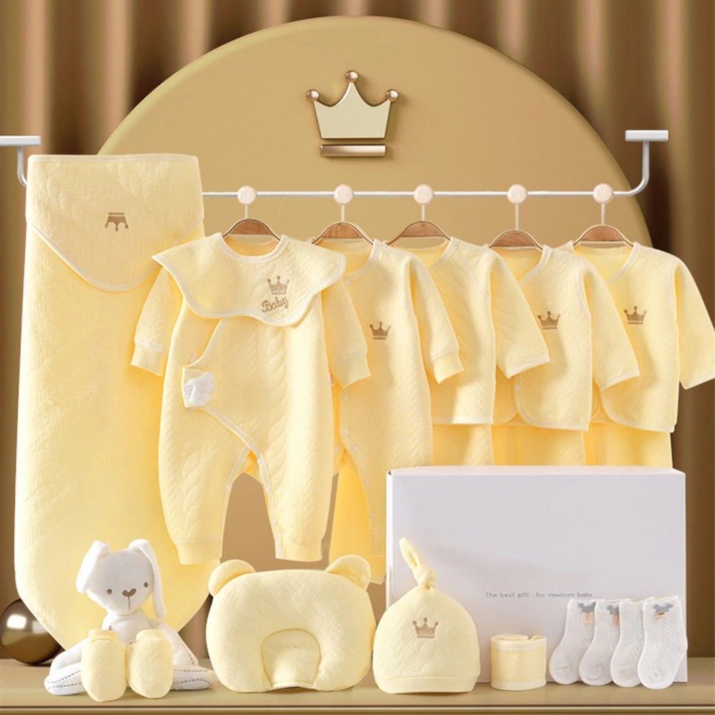 Newborn Baby Gift Set with Bodysuits, Blanket, Hats, and Soft Toys