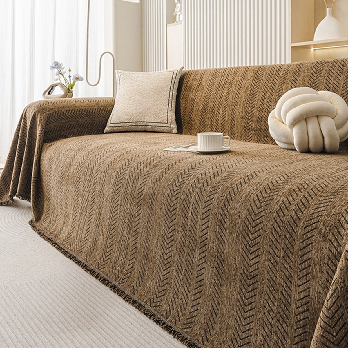Scratch-Resistant Chenille Sofa Cover with Modern Herringbone Pattern