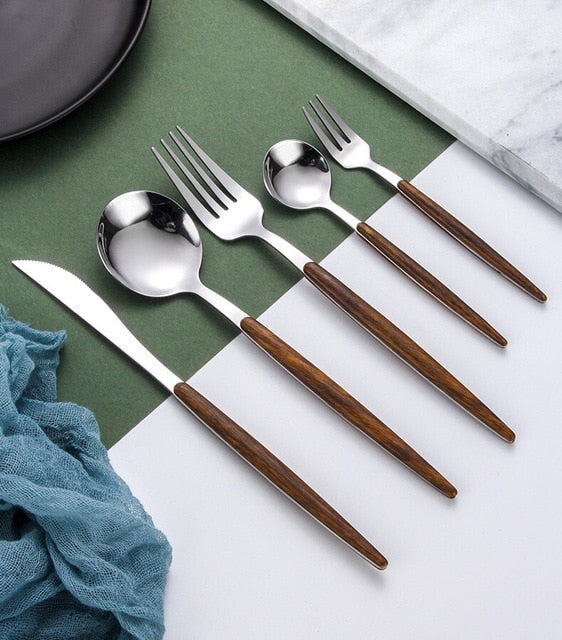 Wooden Handle Cutlery Set with Knife, Fork, Spoon, and Teaspoon