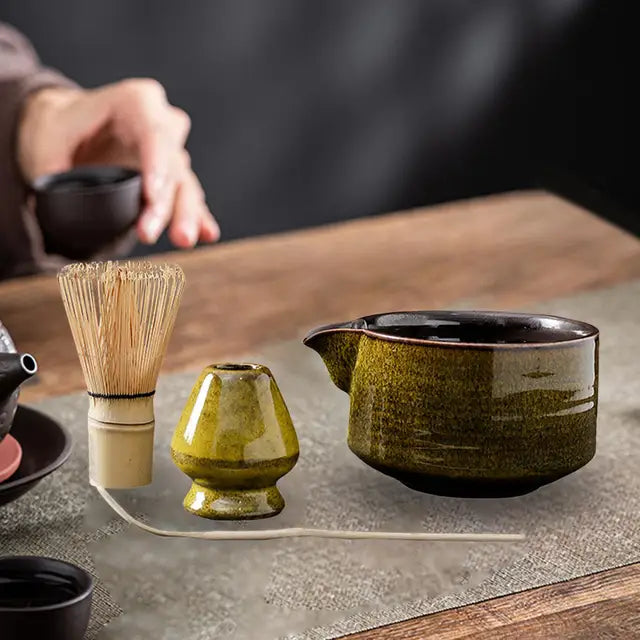 Japanese Matcha Tea Set with Ceramic Bowl and Bamboo Whisk