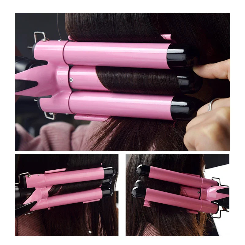 3-Barrel Ceramic Hair Curler with Adjustable Temperature