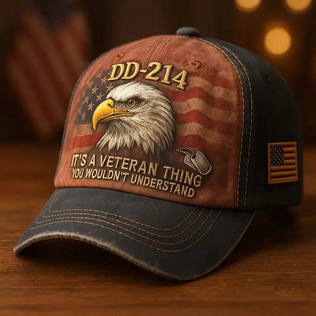Embroidered Military Veteran Cap with American Flag Patch
